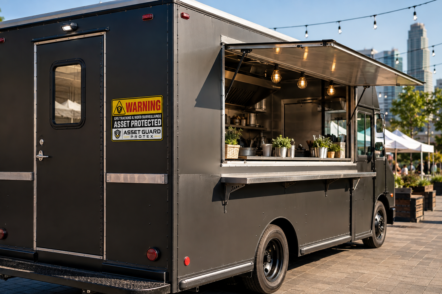 Asset Guard Protex security warning installed on a food truck