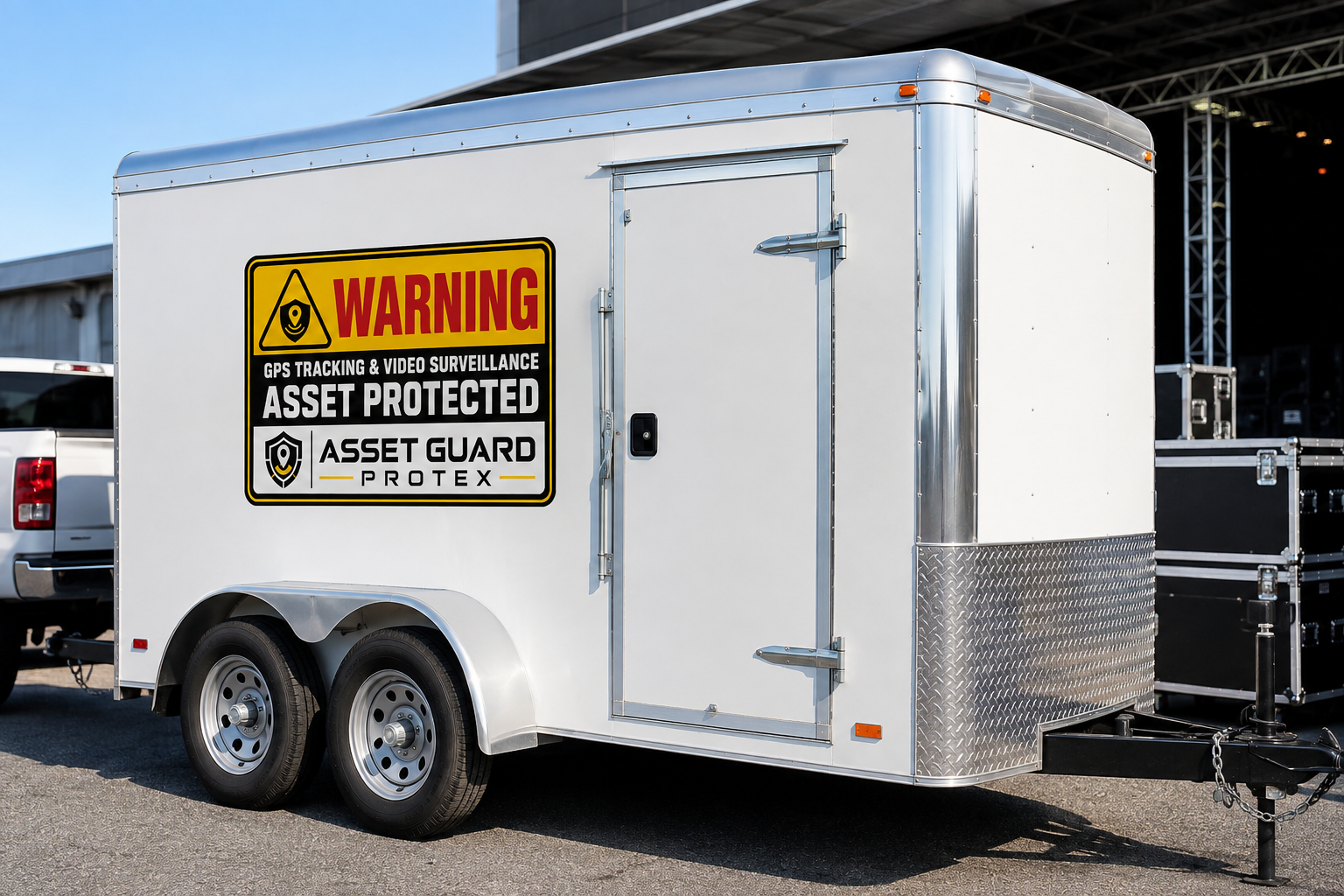 Asset Guard Protex security warning installed on an enclosed commercial trailer