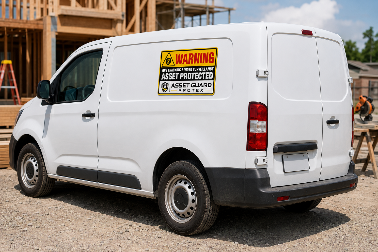 Asset Guard Protex security warning installed on a contractor work vehicle